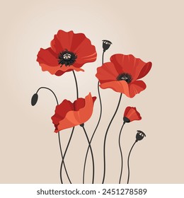 Group of red flowers on beige background. Red poppies are a symbol of memory and sorrow. Vector illustration