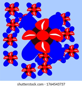 
a group of red flowers where one large is in the middle and the other surrounds it which has four red petals and there are vertical white lines and black circles and two rectangles that cross blue