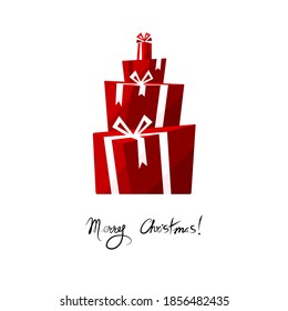 Grupo de cajas de regalo rojas y texto caligráfico Feliz Navidad aislado en fondo blanco. Postal vacacional en estilo plano. Dibujo de clip de caricatura. Ilustración vectorial de material para afiches, pancartas, impresión