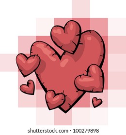 Group of red hearts. Background made out of square tiles