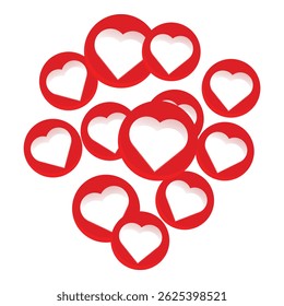 Group of red hearts are floating on a white background, representing social media likes