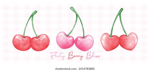 group of Red and hot pink coquette cherries aesthetic watercolor hand drawing banner.