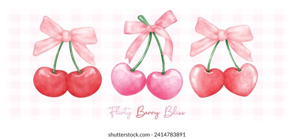 group of Red and hot pink coquette cherries with ribbon bow, aesthetic watercolor hand drawing banner.