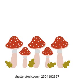 Group of red mushrooms with white spots and green leaves on a white background