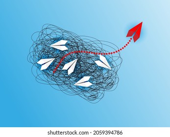 Group of red paper plane in one direction and with one individual pointing in the different way. Business concept for new ideas creativity and innovative solution. Teamwork business.