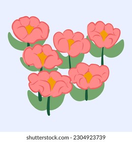 Group of red pink oranger roses with green stem branch or leaf