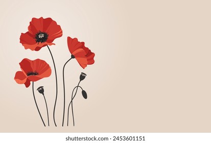 Group of red poppy flowers on beige background. Poster, banner, card for Remembrance Day or Victory Day, Anzac day