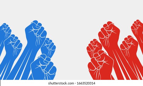 Group of red raised fists against group of blue raised fists, isolated on white background. Confrontation, opposition concept. Vector illustration.