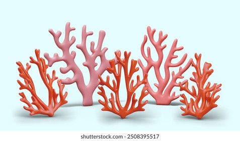 Group of red tree corals on blue background. Vector ocean landscape in 3D style