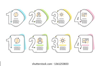 Group, Refresh bitcoin and Multichannel icons simple set. Technical algorithm sign. Headhunting service, Update cryptocurrency, Multitasking. Project doc. Business set. Infographic timeline. Vector