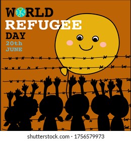 Group Of Refugee Kids Trying To Reach Big Happy Yellow Balloon Behind The Barbed Wire Fence. For World Refugee Day On 20th June Hand Drawn Cartoon Vector 