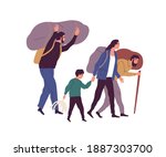 Group of refugee people carrying huge bags with things vector flat illustration. Man, woman and child illegal migrants escape together isolated on white. Evacuee person, victim of war and poverty