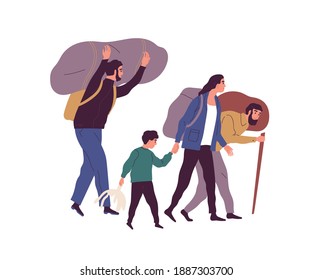 Group of refugee people carrying huge bags with things vector flat illustration. Man, woman and child illegal migrants escape together isolated on white. Evacuee person, victim of war and poverty