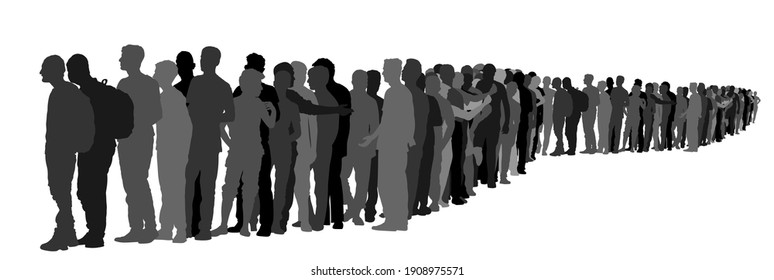 Group Of Refugees People Waiting In Line Vector Silhouette Illustration Isolated On White. Migration Crisis In Europe. War Migrants Waves Going To Europe. Border Situation In Ukraine And EU, Or Mexico