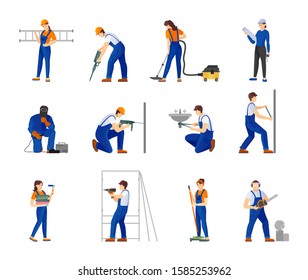 Group repairman man and woman. Construction engineers, architect, builder, home master, painter, carpenter, welder with building equipment tools cartoon vector illustration