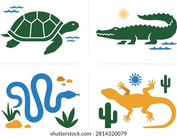Group of reptile illustrations including turtle alligator snake and lizard with cold blooded alligator wildlife environment creature illustration predator conservation collection adventure