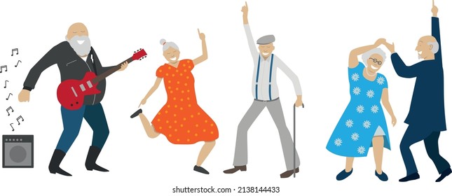 group of retired old people having fun, dancing and partying. One of them plays the electric guitar. Fun and funny illustration on white background