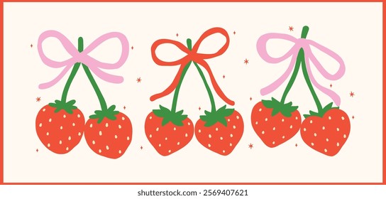 Group of Retro Coquette Strawberries Ribbon bow Berryy love Banner Vintage Aesthetic