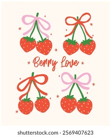 Group of Retro Coquette Strawberries Ribbon bow Berryy love Minimal Vintage Aesthetic
