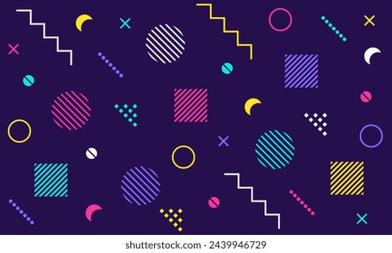 Group of retro design elements. Pattern from geometric shapes in Memphis 80s-90s style. Use in web design, invitation, poster, print. Vector illustration.