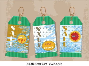 Group of retro, isolated tags on bright background