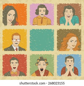 Group of retro people. Vintage art.