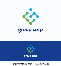 Group rhombus chip logo. Overflow dots grid logotype template.