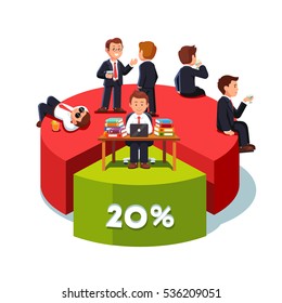Group of rich businessmen owning 80 percent share of market drinking and talking. Businessman sitting alone at table on proportion chart sectors working hard on laptop. Flat style vector illustration