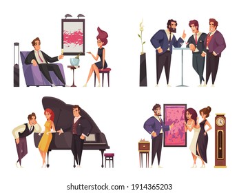 Group of rich people at vip party 2x2 colored isolated compositions on white background flat vector illustration