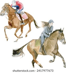 Group of riders girl and man riding their horses in derby. Jockey and horse race competition watercolor vector painting illustration.