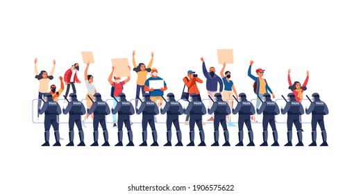 Group riot police with protective gear and shields. Peaceful rights protest, activists with placards, manifestation, men and women parade participation. Cartoon Flat style vector illustration.