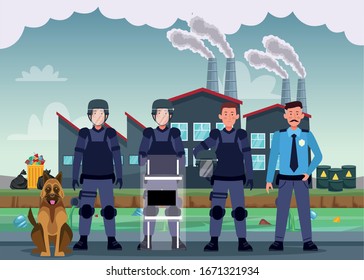 group of riot polices with uniforms and dog characters vector illustration design