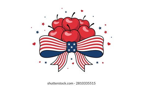 A group of ripe red apples decorated with a patriotic American flag bow and scattered stars on a white background.