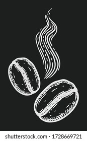Group of roasted aromatic coffee beans, caffeine symbol. Hand drawn graphic vector illustration in white isolated over black background.