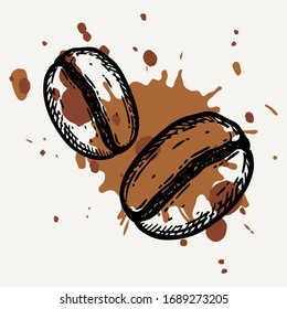 Group of roasted coffee beans and drink splatter, caffeine symbol. Hand drawn graphic vector illustration isolated on white background.