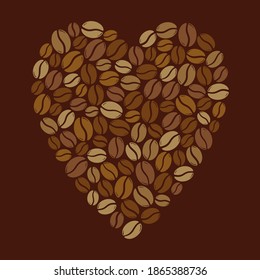 Grupo de granos de café asados formando un corazón, adoran el símbolo de cafeína. Ilustración vectorial gráfica dibujada a mano aislada en fondo marrón.