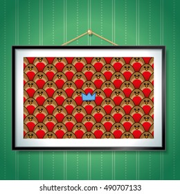 Group of Robin Red Breasts with one wearing a Blue Paper Party Hat in Picture Frames Hanging on Green Wallpaper Background