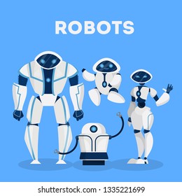 Group of robot character design. Artificial inteligence and cyborg. Futuristic technology and automation. Isolated vector illustration in cartoon style