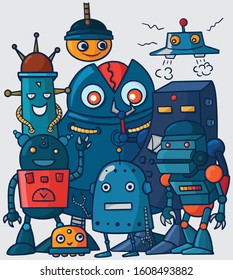 group of robot, doodle drawing style. vector illustration