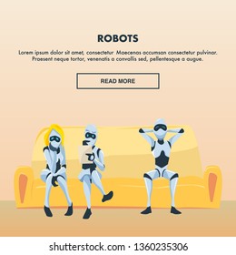 Group of Robot Employee Sit on Comfortable Couch. Office Waiting Room. Relaxed and Nervous Male and Female Artificial Intelligence Character or Android. Flat Cartoon Vector Illustration