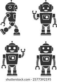 Group of Robotic Silhouette Icons in Various Poses with Clean, Minimalist Design