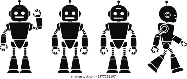 Group of Robotic Silhouette Icons in Various Poses with Clean, Minimalist Design