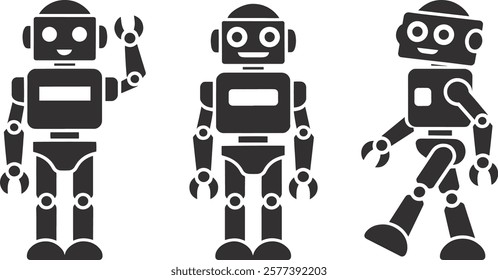 Group of Robotic Silhouette Icons in Various Poses with Clean, Minimalist Design