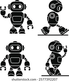 Group of Robotic Silhouette Icons in Various Poses with Clean, Minimalist Design