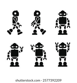 Group of Robotic Silhouette Icons in Various Poses with Clean, Minimalist Design