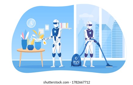 A group of robots do homework. One robot is watering the flowers and the other is vacuuming thoroughly. Living room interior. Futuristic concept of robots helpers Household Chore Automatization Vector