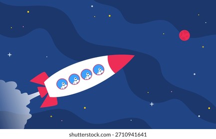 grupo de robôs voando em foguete no espaço sideral para a ilustração do vetor da missão marte
