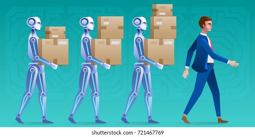 A group of robots helps businessmen.  Futuristic Artificial Intelligence Mechanism Technology Flat Vector Illustration