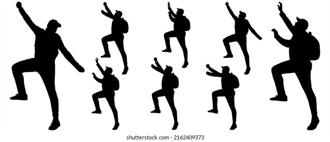 A group of rock climbers. Hiking. Tourist with a backpack on his back. A young guy in a cap, tracksuit, and sneakers. Suitable for motion animation. Eight black male silhouettes isolated on white