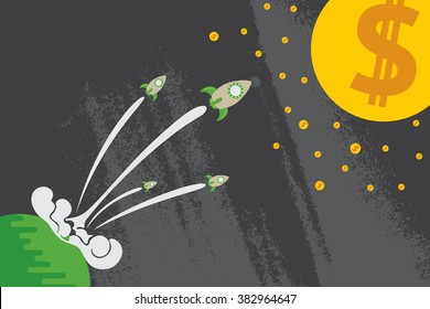 Group of Rockets go up to the moon and stars of dollar sign with business startup concept.